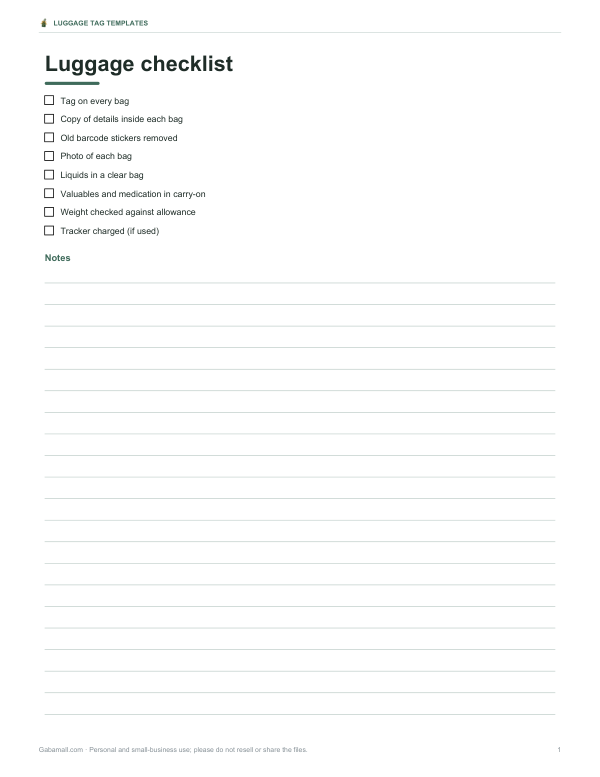 Preview of Printable Luggage Checklist